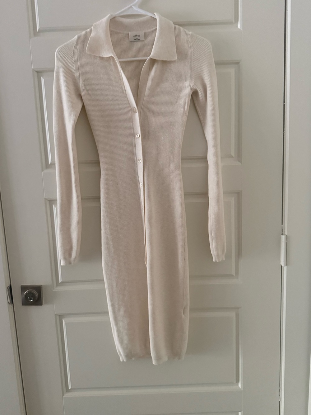 Ribbed Button-Front Cream Dress with Collar